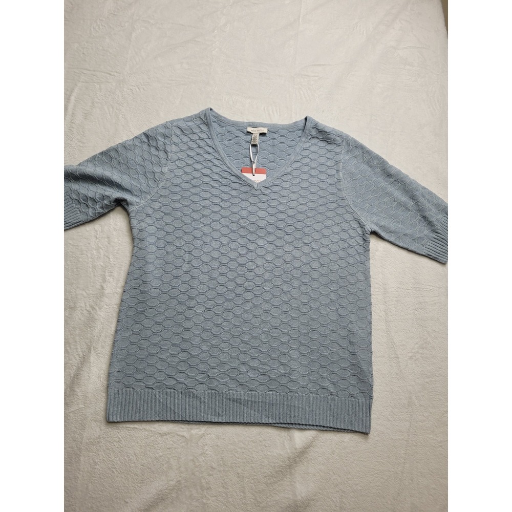 NWT Ella Moss Sweater Top Womens Medium Blue Honeycomb Textured V-Neck S/S